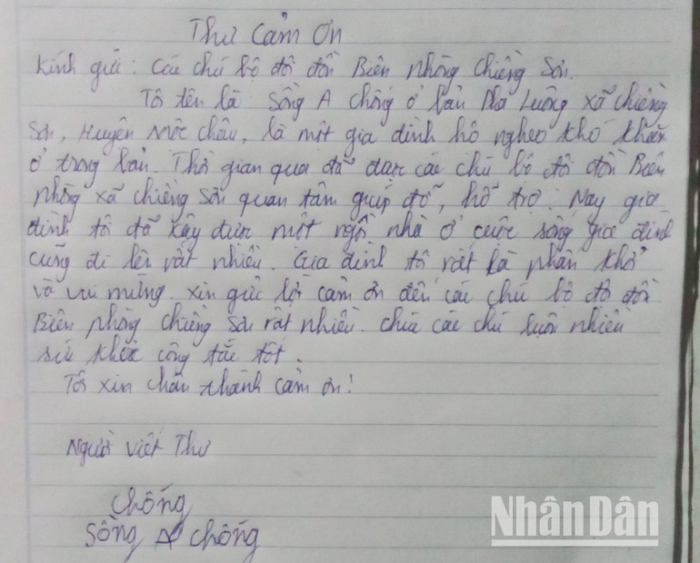 Lá thư viết tay của anh Sồng A Chống gửi cảm ơn Bộ đội biên phòng Sơn La.
