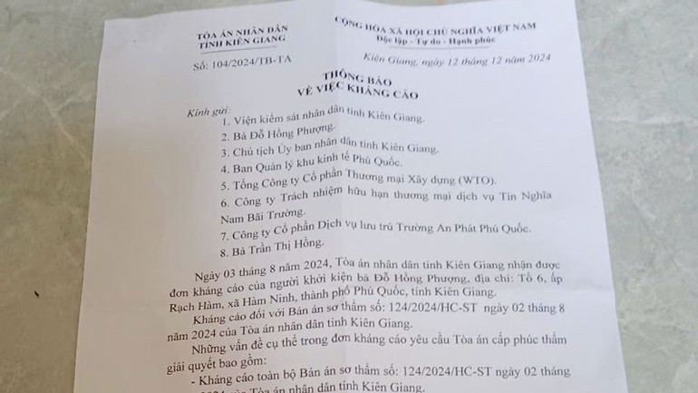 Tòa án nhân dân tỉnh Kiên Giang thông báo việc kháng cáo của bà Trần Thị Hồng. Tòa án nhân dân tỉnh Kiên Giang thông báo việc kháng cáo của bà Trần Thị Hồng.