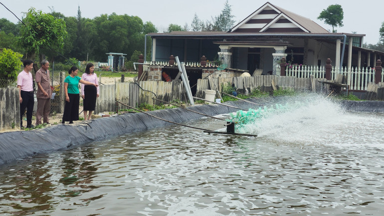 Cán bộ Phòng Giao dịch Ngân hàng Chính sách xã hội huyện Gio Linh kiểm tra hiệu quả sử dụng nguồn vốn vay của chị Hồ Thị Nhàn ở thôn 5, xã Gio Hải.