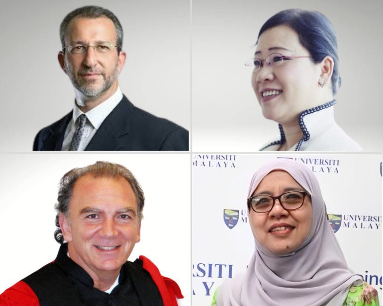 Các diễn giả phiên toàn thể tại FCBEM 2024: GS Petros Ieromonachou (ĐH Greenwich, Vương quốc Anh) – hàng trên bên trái, GS Fang Lee Cooke (ĐH Monash, Australia) – hàng trên bên phải, GS, TS Léo-Paul Dana (ĐH Dalhousie, Canada) – hàng dưới bên trái, GS, TS Norbani Che Ha (ĐH Malaya, Malaysia) – hàng dưới bên phải.