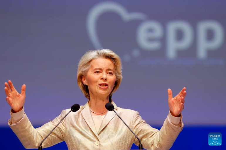 Chủ tịch Ủy ban châu Âu Ursula von der Leyen phát biểu trong một sự kiện ở Bucharest, Romania, ngày 7/3/2024. (Ảnh: Tân Hoa xã) Chủ tịch Ủy ban châu Âu Ursula von der Leyen phát biểu trong một sự kiện ở Bucharest, Romania, ngày 7/3/2024. (Ảnh: Tân Hoa xã)