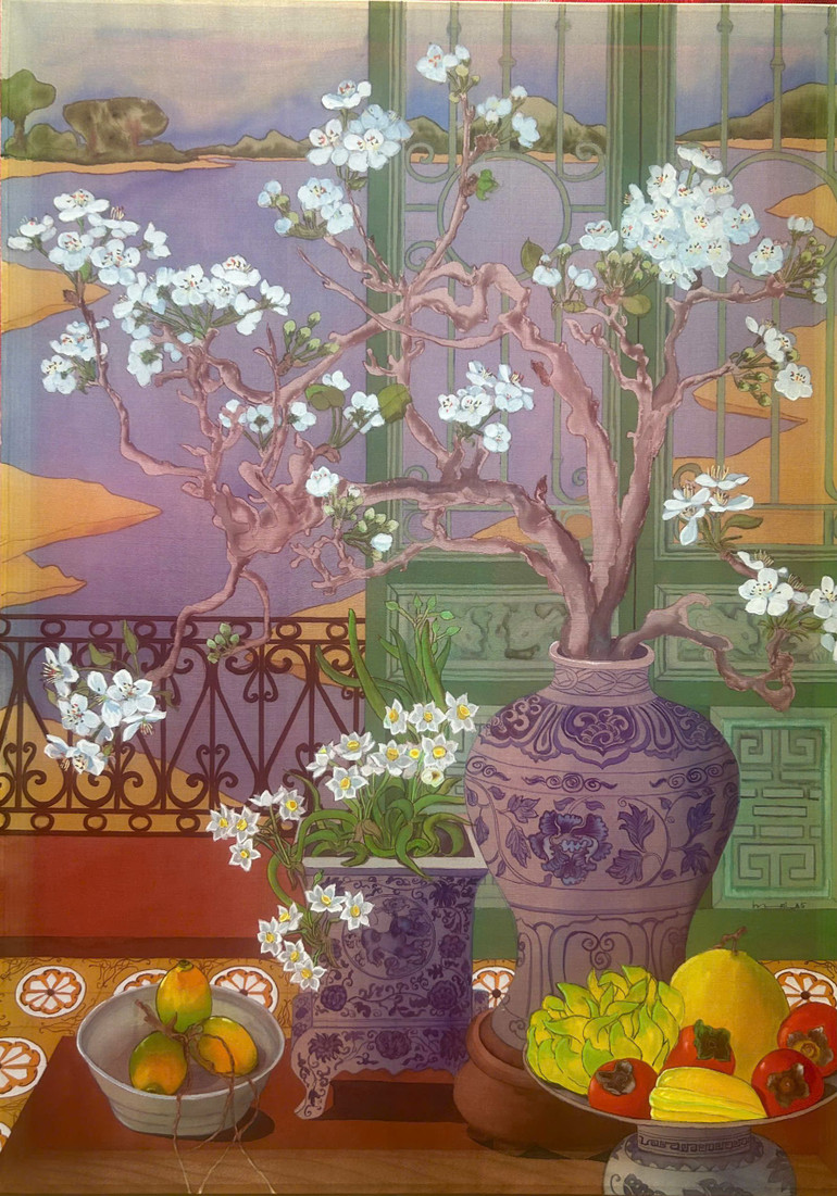 Tác phẩm "Buổi sáng bình yên 2", màu nước trên lụa, kích thước 70cmx50cm. Tác phẩm "Buổi sáng bình yên 2", màu nước trên lụa, kích thước 70cmx50cm.