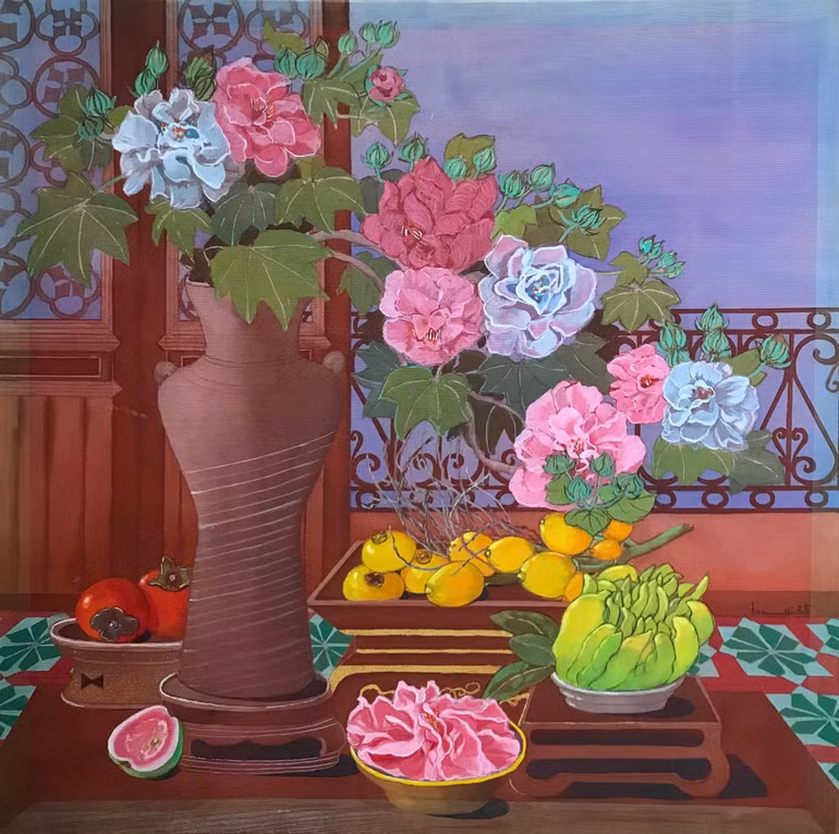 Tác phẩm "Màu ký ức", màu nước trên lụa, kích thước 50cmx50cm.