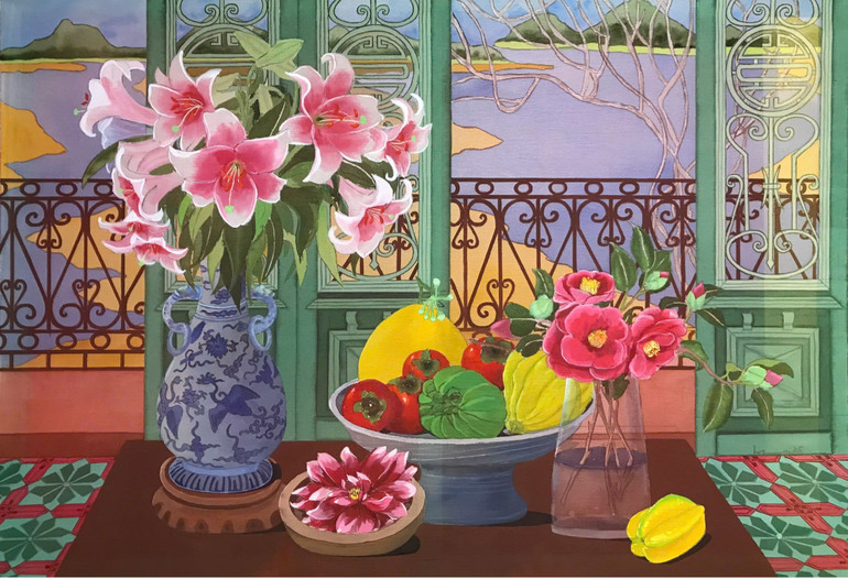 Tác phẩm "Sắc hồng", màu nước trên lụa, kích thước 45cmx65cm. Tác phẩm "Sắc hồng", màu nước trên lụa, kích thước 45cmx65cm.