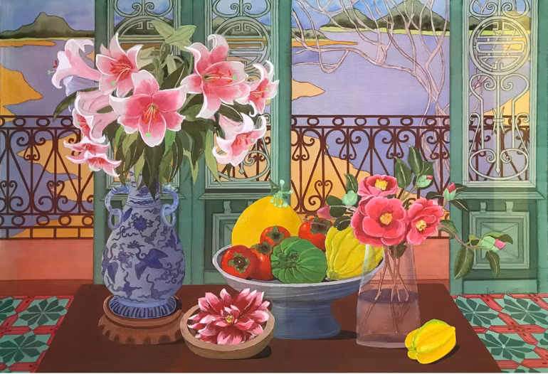 Tác phẩm "Sắc hồng", màu nước trên lụa, kích thước 45cmx65cm.