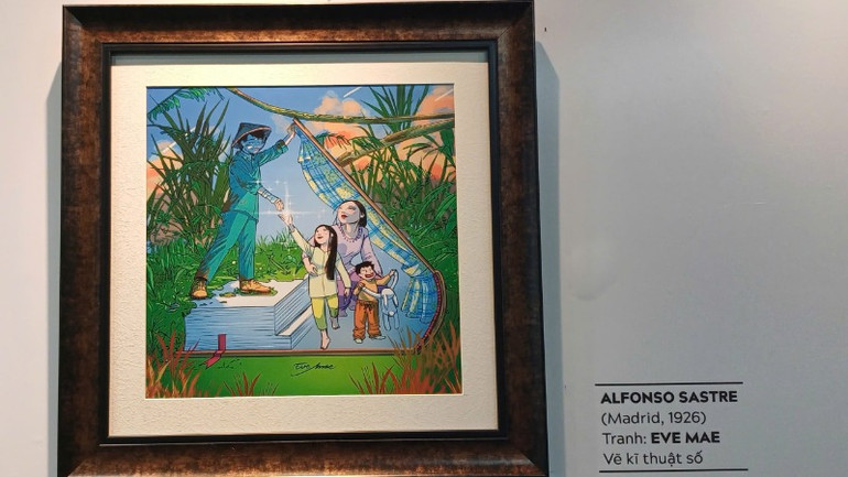 Một tác phẩm tranh kỹ thuật số được triển lãm tại không gian ra mắt sách.