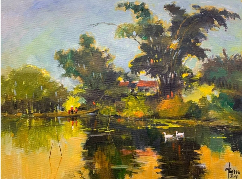 Một tác phẩm thuộc chuỗi chủ đề "Ao quê", chất liệu Acrylic, kích thước 136cmx186cm.