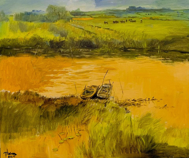 Tác phẩm "Sang bãi", chất liệu Acrylic, kích thước 70cmx80cm. Tác phẩm "Sang bãi", chất liệu Acrylic, kích thước 70cmx80cm.