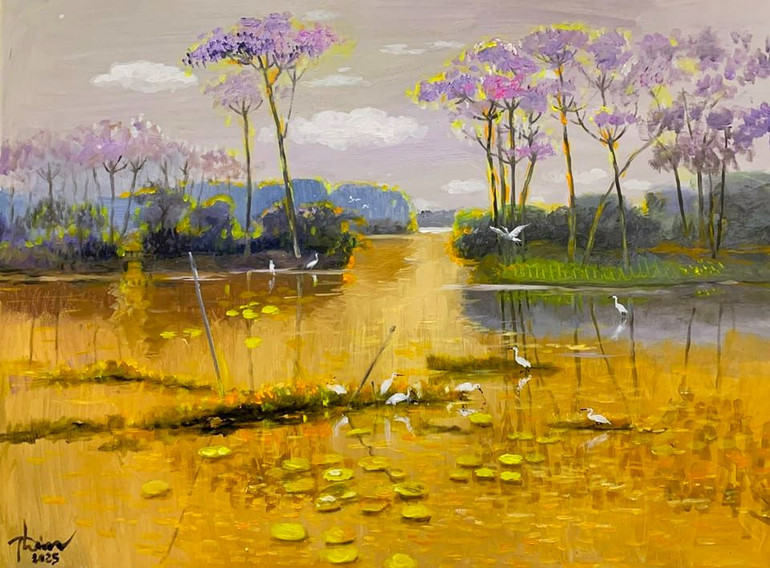 Tác phẩm "Sang bãi", chất liệu Acrylic, kích thước 70cmx80cm.