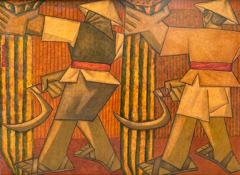 Hai người thợ gặt (2006), sơn mài trên gỗ, kích thước 120x160cm.