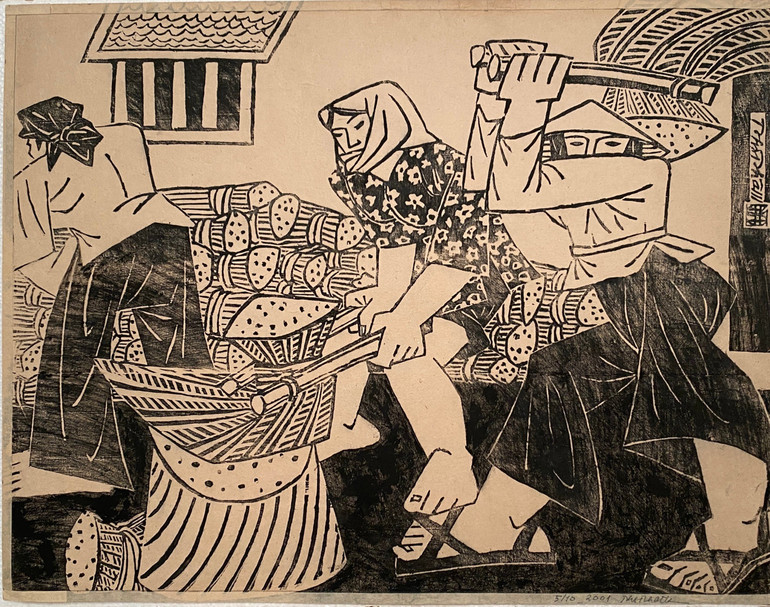 Ngày mùa (2001), in khắc gỗ, kích thước 46x60cm.