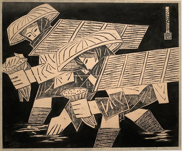 Cấy I (1991), in khắc gỗ, kích thước 46,5x56,5cm.