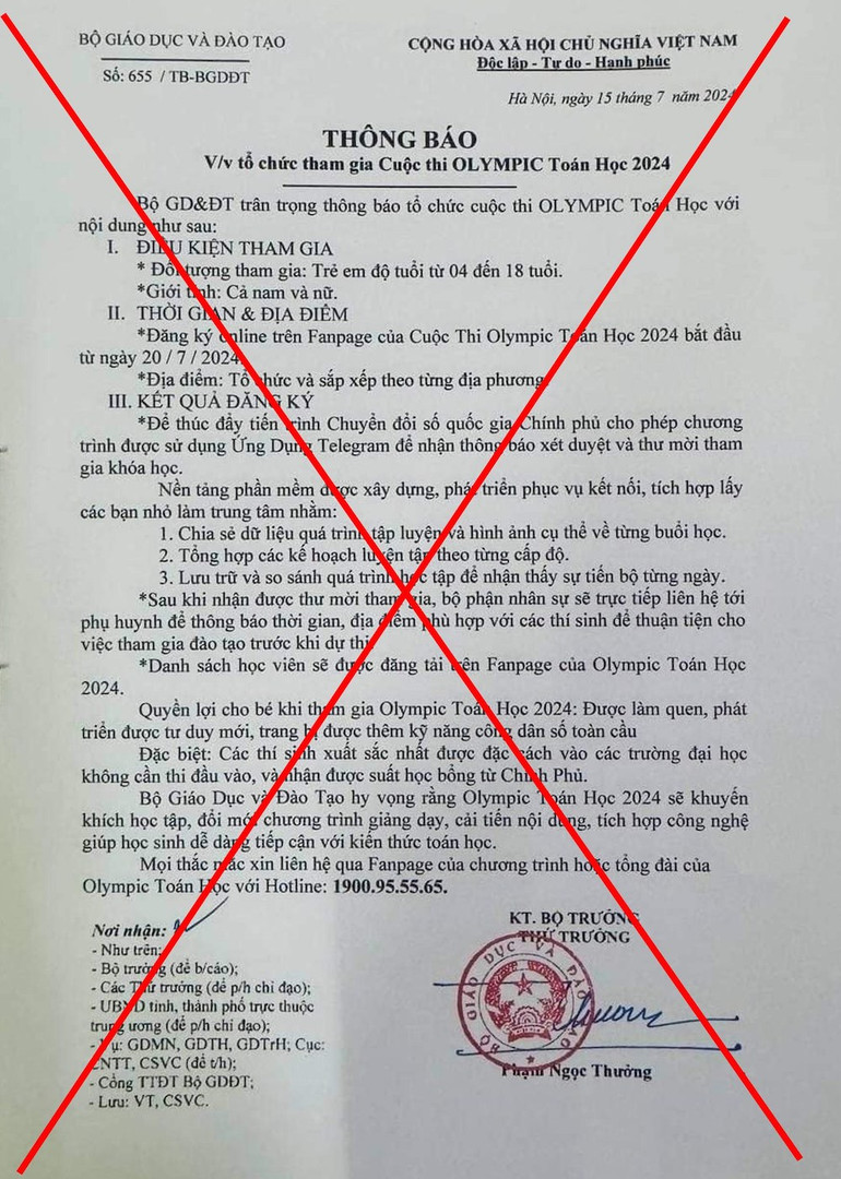 Văn bản trên mạng xã hội giả mạo Bộ Giáo dục và Đào tạo mời tham gia Olympic Toán học.