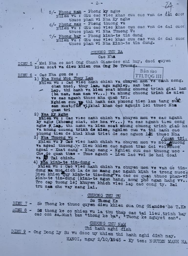 Nghị định số 08-BKT/VP ngày 2/10/1945. Tài liệu do Trung tâm Lưu trữ quốc gia III cung cấp