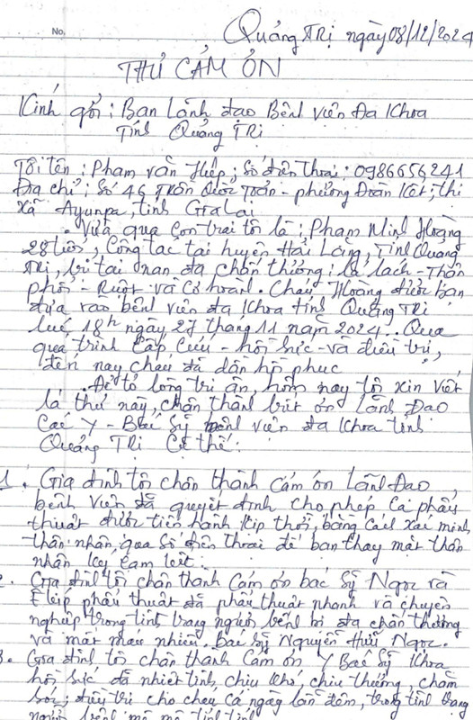 Bức thư cảm ơn của gia đình bệnh nhân gửi đến Bệnh viện đa khoa Quảng Trị.