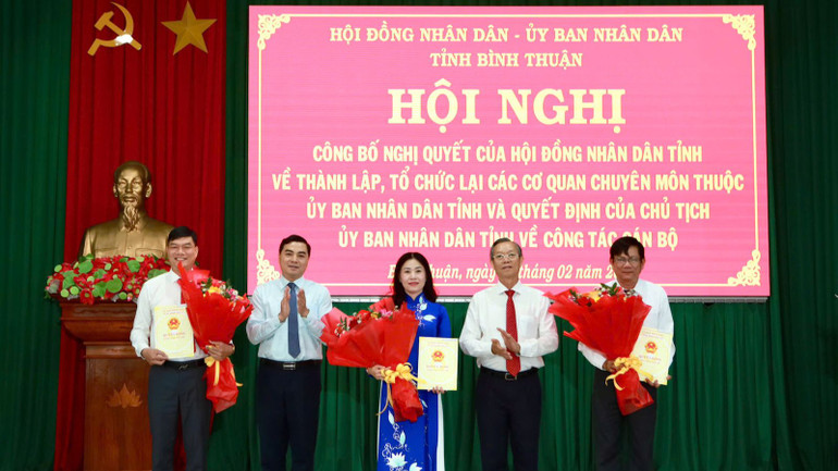 Bí thư Tỉnh ủy Nguyễn Hoài Anh trao quyết định cho các cán bộ.