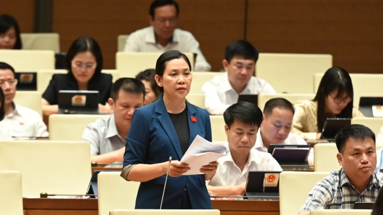 Đại biểu Huỳnh Thị Ánh Sương (Đoàn Quảng Ngãi) phát biểu tại hội trường. (Ảnh: BÙI GIANG)