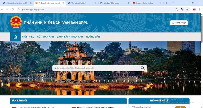 Hệ thống thông tin tiếp nhận, xử lý phản ánh, kiến nghị về văn bản quy phạm pháp luật đang chạy thử nghiệm. (Ảnh: TL)