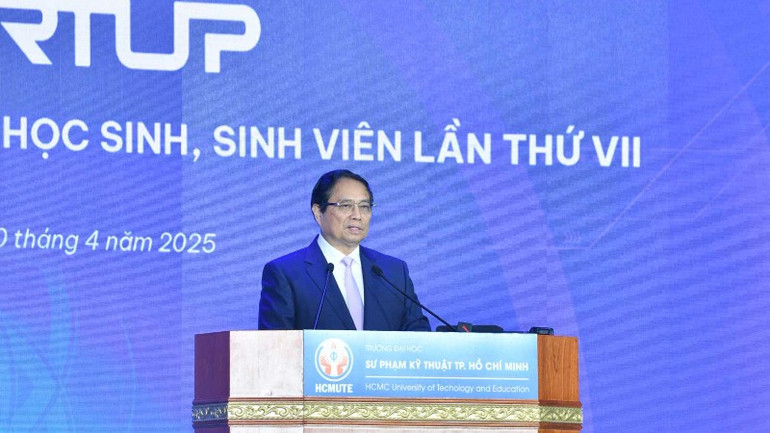 Thủ tướng Phạm Minh Chính phát biểu ý kiến tại Ngày hội Khởi nghiệp Quốc gia của học sinh, sinh viên lần thứ 7. (Ảnh: THANH GIANG).