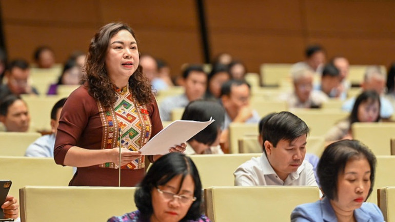 Đại biểu Đặng Bích Ngọc (đoàn Hòa Bình) phát biểu tại Hội trường. (Ảnh: BÙI GIANG)