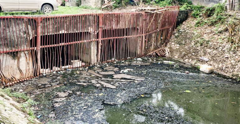 Nguồn nước đen ngòm từ cống Cầu Trắng chảy vào hồ Xương Rồng.