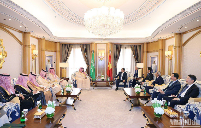 Thủ tướng Phạm Minh Chính tiếp Bộ trưởng Kinh tế và kế hoạch Saudi Arabia Faisal Al-Ibrahim. (Ảnh: Dương Giang)