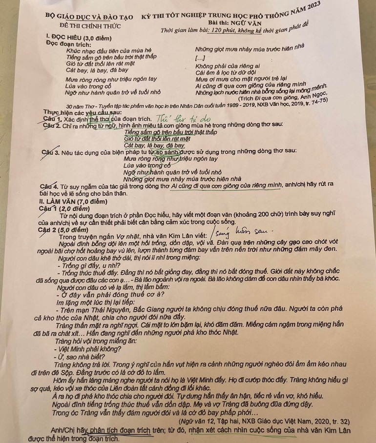 Đề thi Ngữ văn kỳ thi tốt nghiệp THPT năm 2023