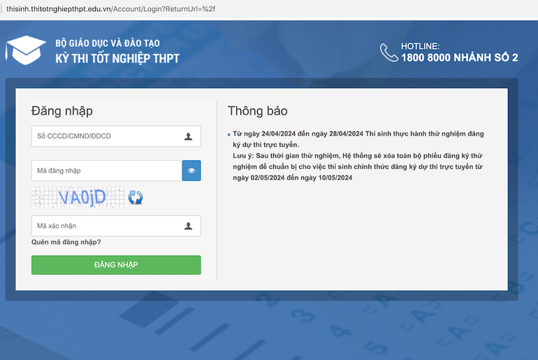 Cổng đăng ký dự thi trực tuyến của Bộ Giáo dục và Đào tạo
