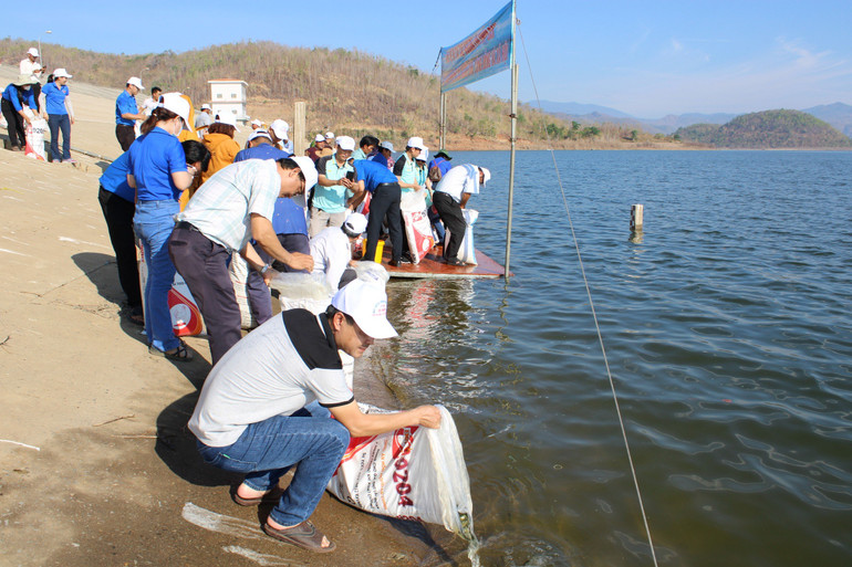 Nhiều người thả con giống tại hồ thủy lợi sông Lũy.