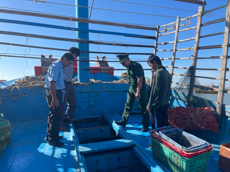 Lực lượng Văn phòng đại diện kiểm soát nghề cá tại cảng cá Phan Thiết kiểm tra tàu