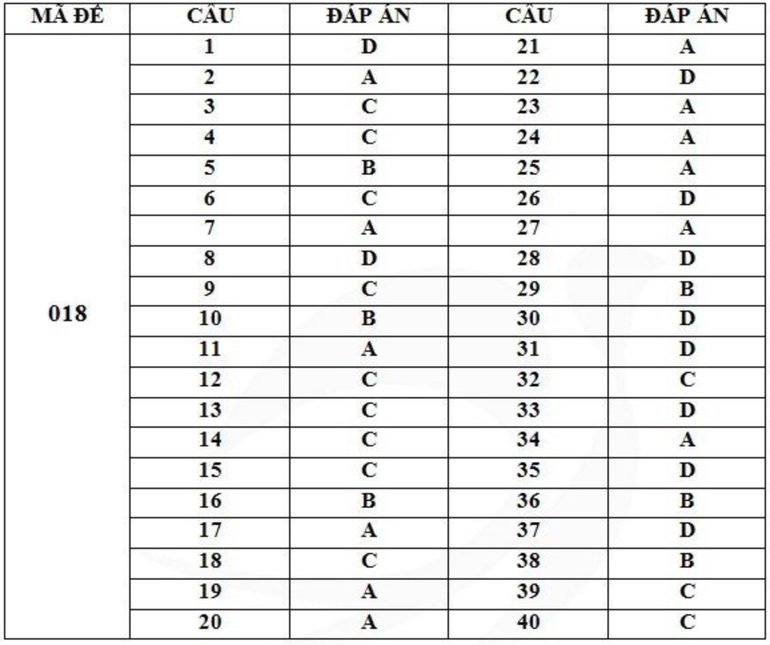 Gợi ý đáp án mã đề 018