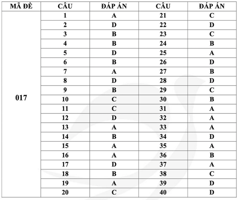 Gợi ý đáp án mã đề 017