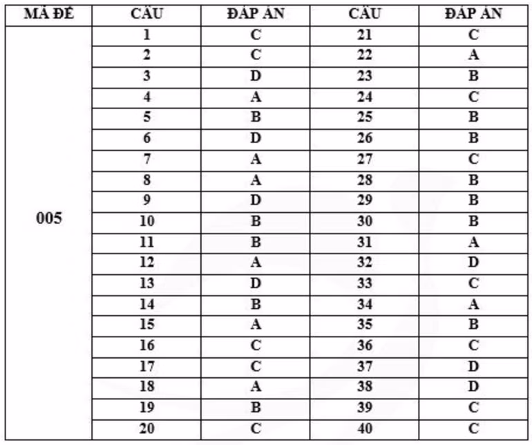 Gợi ý đáp án mã đề 005