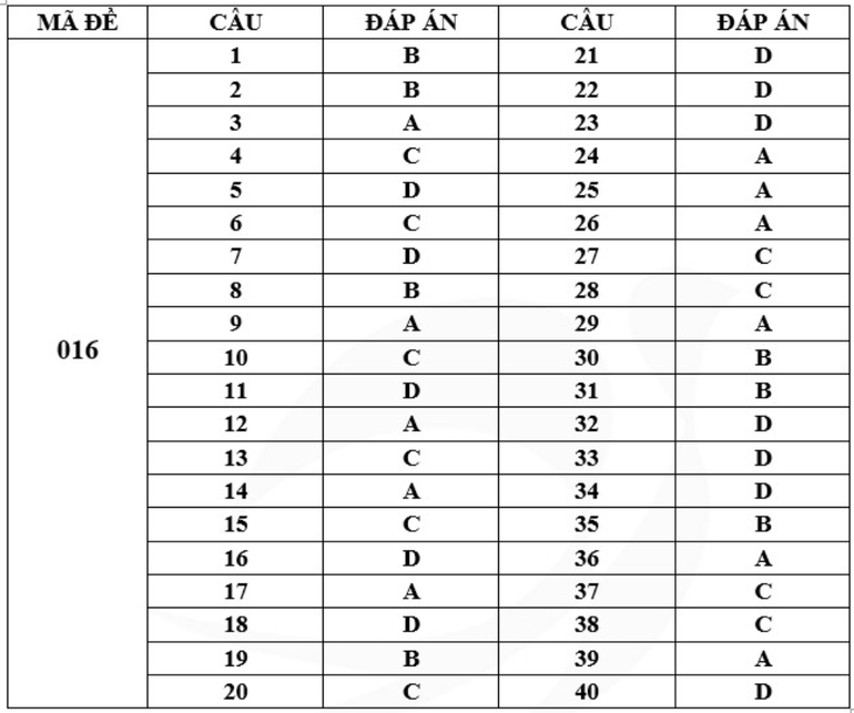Gợi ý đáp án mã đề 016