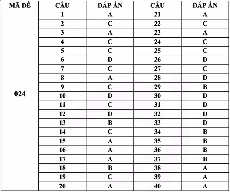 Gợi ý đáp án mã đề 024