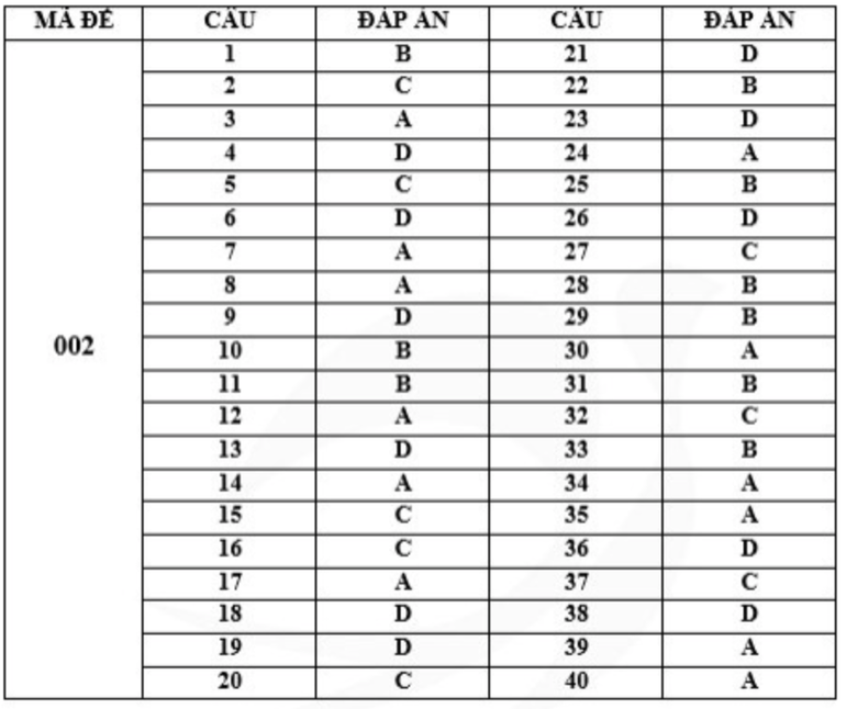 Gợi ý đáp án mã đề 002