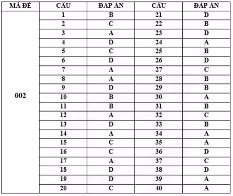 Gợi ý đáp án mã đề 002