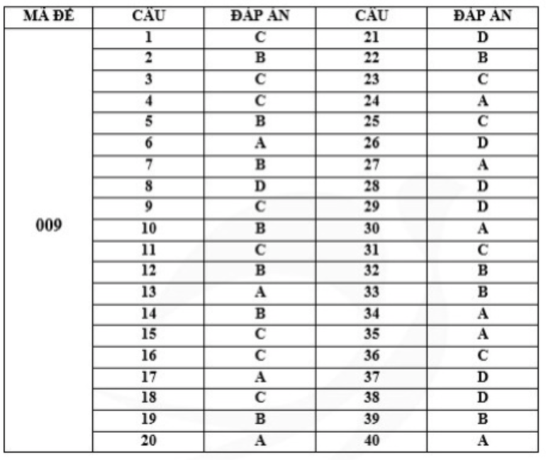 Gợi ý đáp án mã đề 009