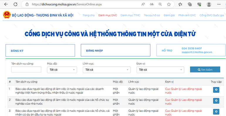 Cổng dịch vụ công trực tuyến của Bộ Lao động-Thương binh và Xã hội.