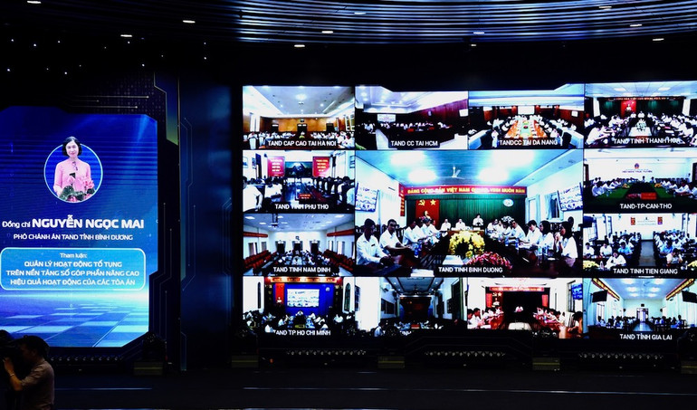 Phó Chánh án Toà án tỉnh Bình Dương Nguyễn Ngọc Mai phát biểu tại điểm cầu tỉnh Bình Dương