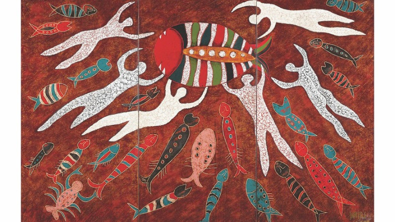 Tác phẩm "Mẹ cá" (Sơn mài trên vóc) của họa sĩ Đào Minh Tri.