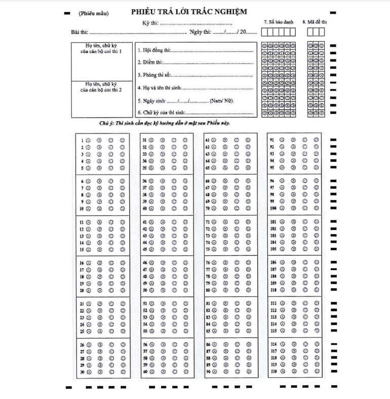 Mẫu Phiếu trả lời trắc nghiệm do Bộ Giáo dục và Đào tạo công bố (mặt trước).