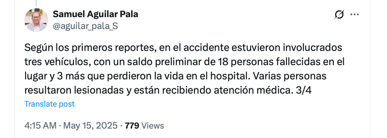 Bài đăng trên mạng xã hội X của Bộ trưởng Nội vụ bang Puebla Samuel Aguilar. (Ảnh chụp màn hình)