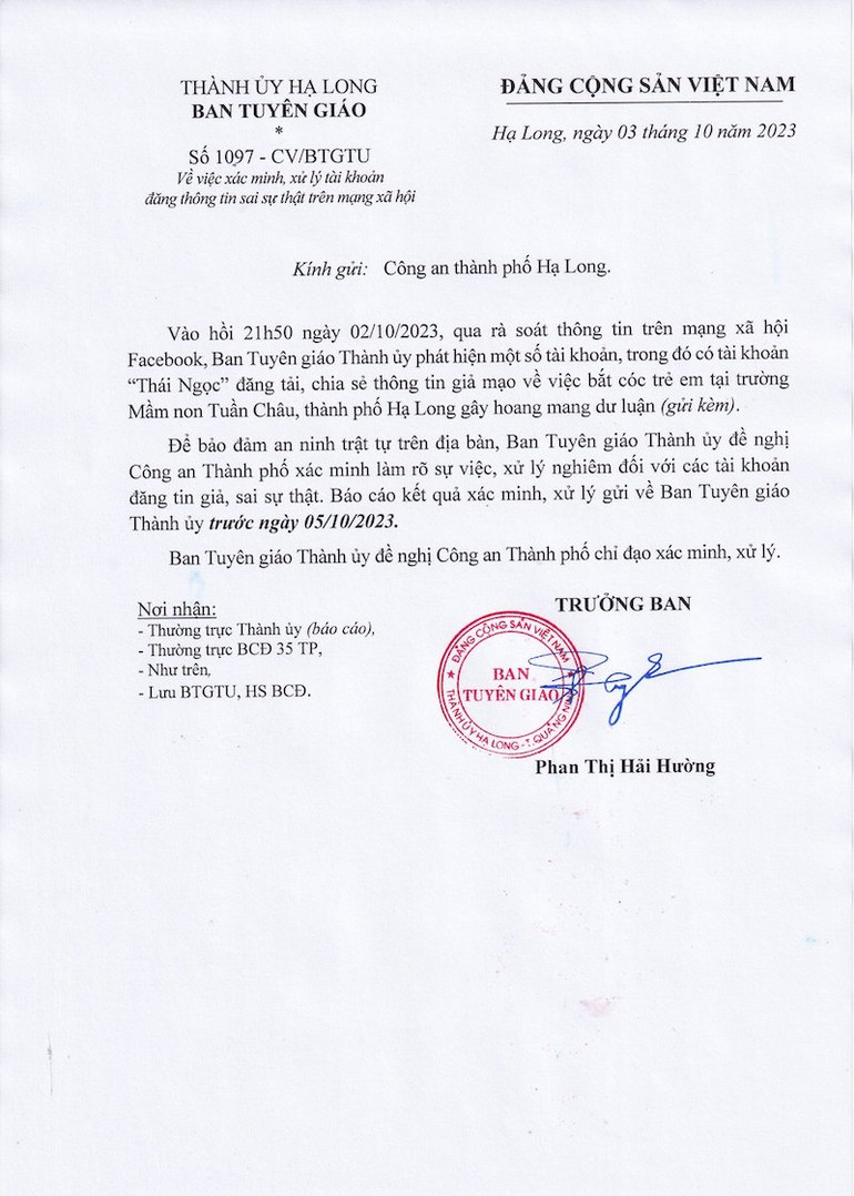 Ban Tuyên giáo Thành ủy Hạ Long đã có công văn gửi Công an thành phố xác minh, làm rõ và xử lý nghiêm theo quy định của pháp luật.