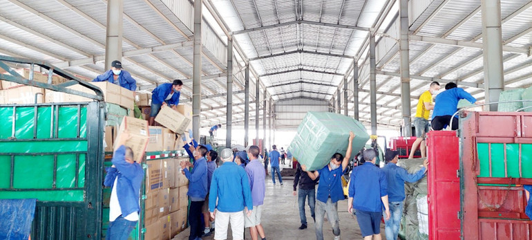 Bốc xếp hàng hóa tại các bãi kiểm tra hàng hóa của Công ty Tân Đại Dương.