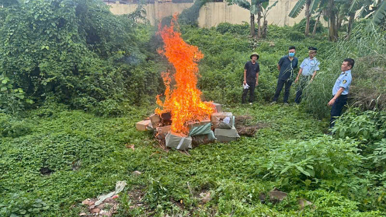 Lực lượng chức năng tiến hành tiêu hủy 300kg lòng lợn sấy khô không rõ nguồn gốc, xuất xứ.