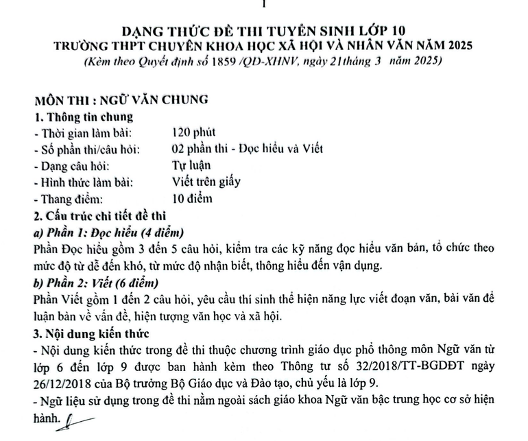 Dạng thức bài thi Ngữ văn chung
