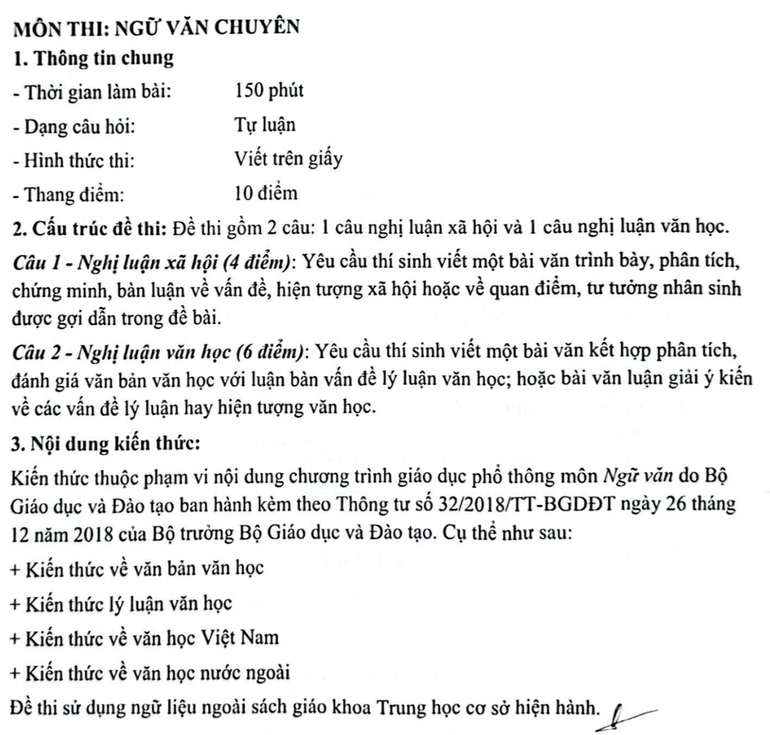 Dạng thức bài thi Ngữ văn chuyên