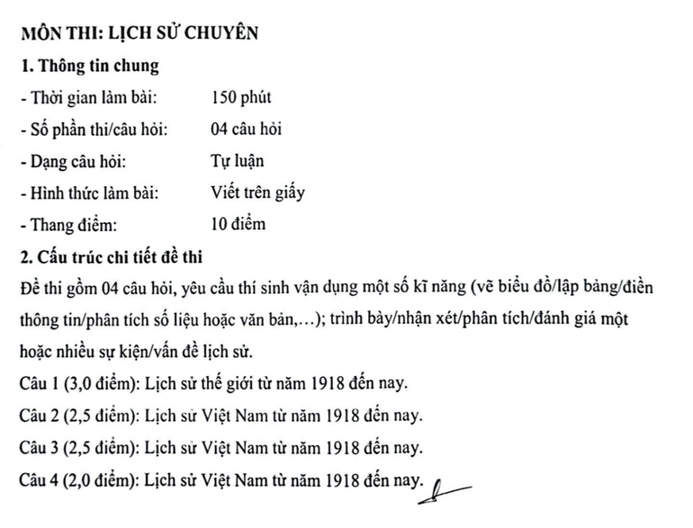 Dạng thức bài thi Lịch sử chuyên