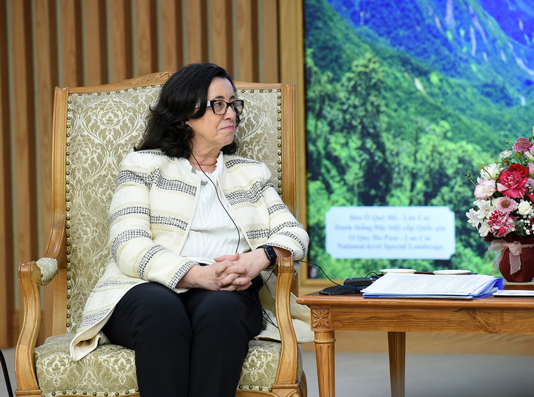 Bà Manuela V. Ferro, Phó Chủ tịch Ngân hàng Thế giới (World Bank) phụ trách khu vực Đông Á-Thái Bình Dương phát biểu tại buổi tiếp